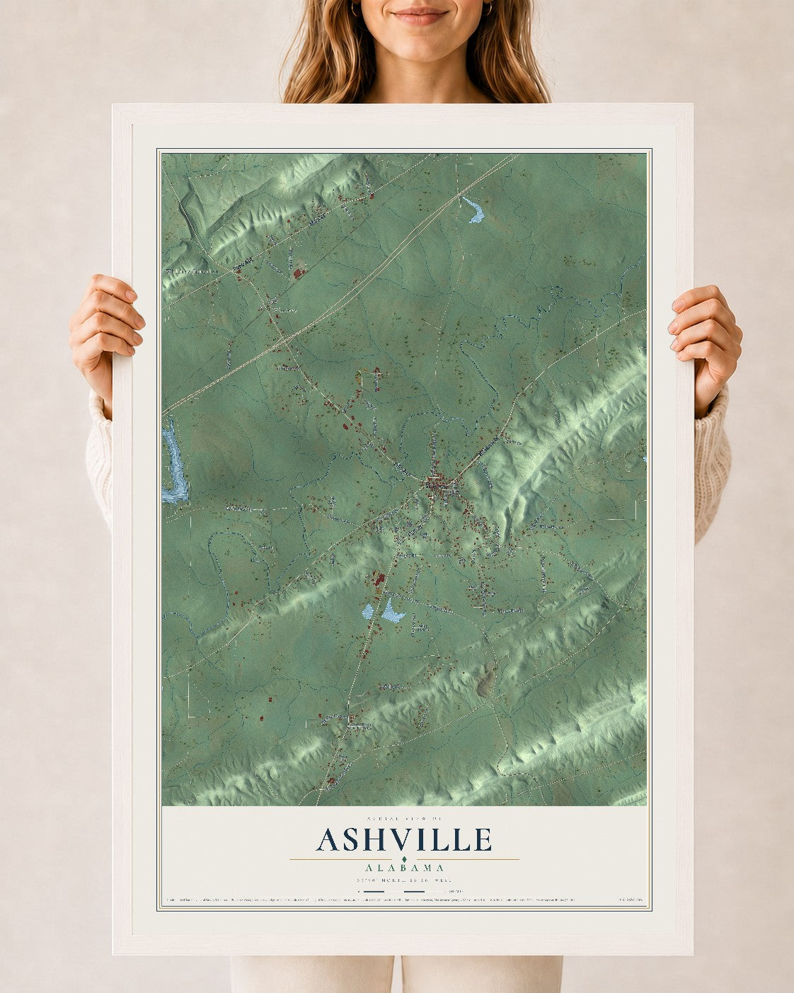 Map of Ashville, Alabama, 24 x 36 inch print in a white wood frame