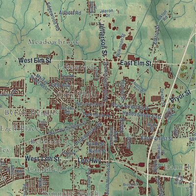 Close-up of the map of Athens, Alabama print showing street and building detail