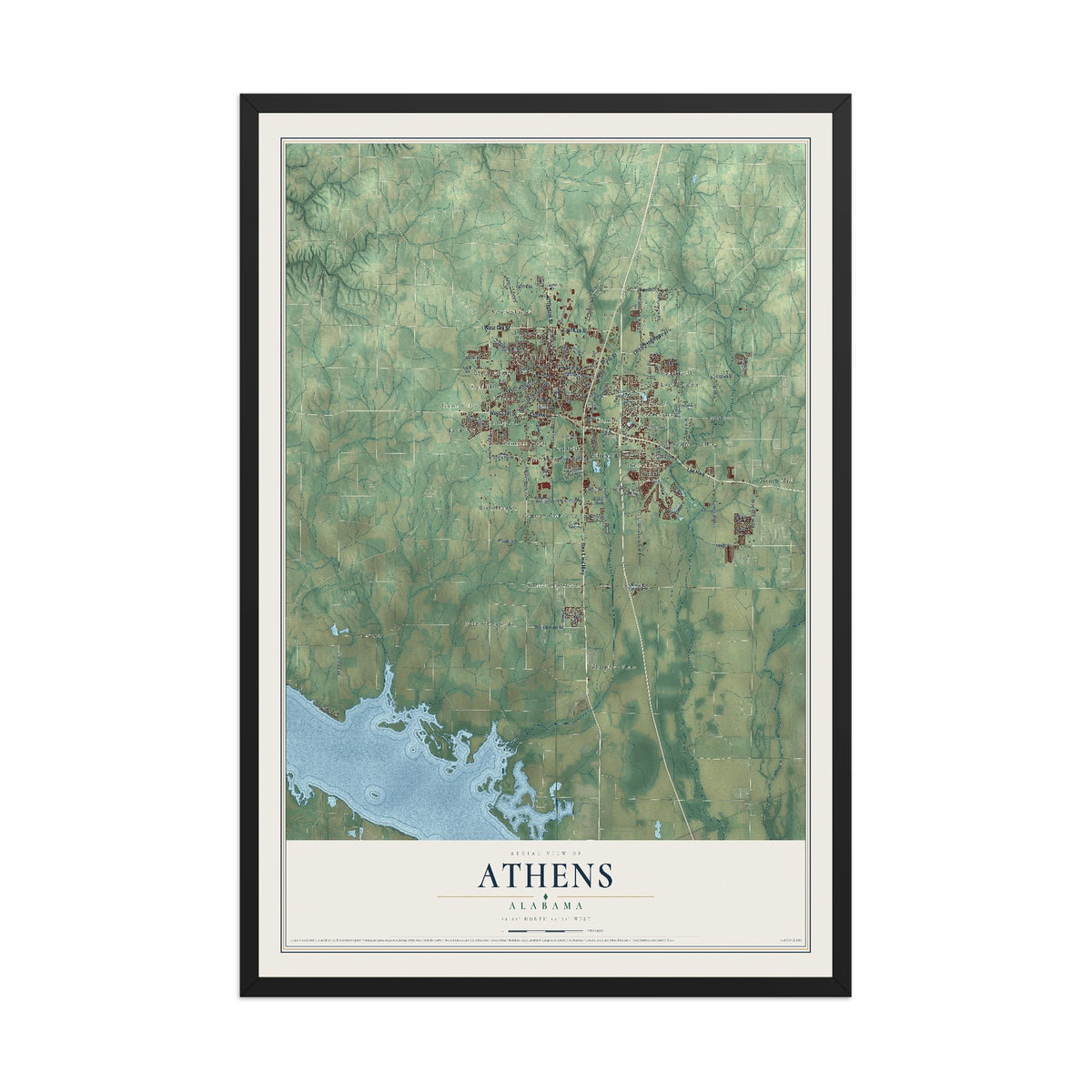 Map of Athens, Alabama, 12 x 18 inch print in a black wood frame