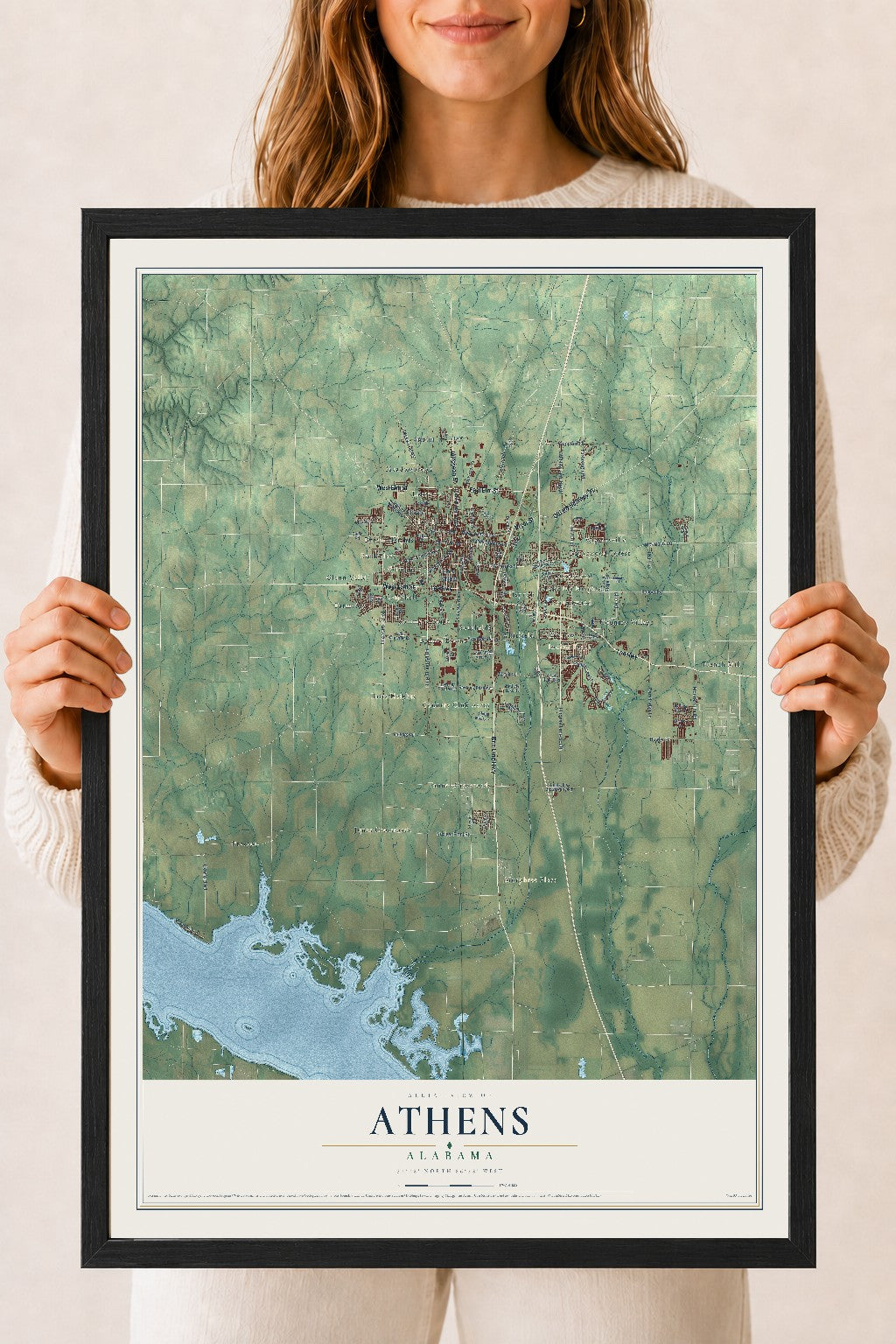 Map of Athens, Alabama, 18 x 24 inch print in a black wood frame