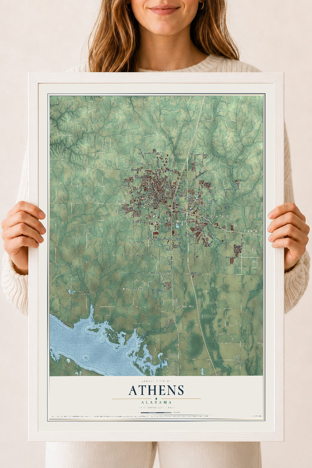 Map of Athens, Alabama, 18 x 24 inch print in a white wood frame
