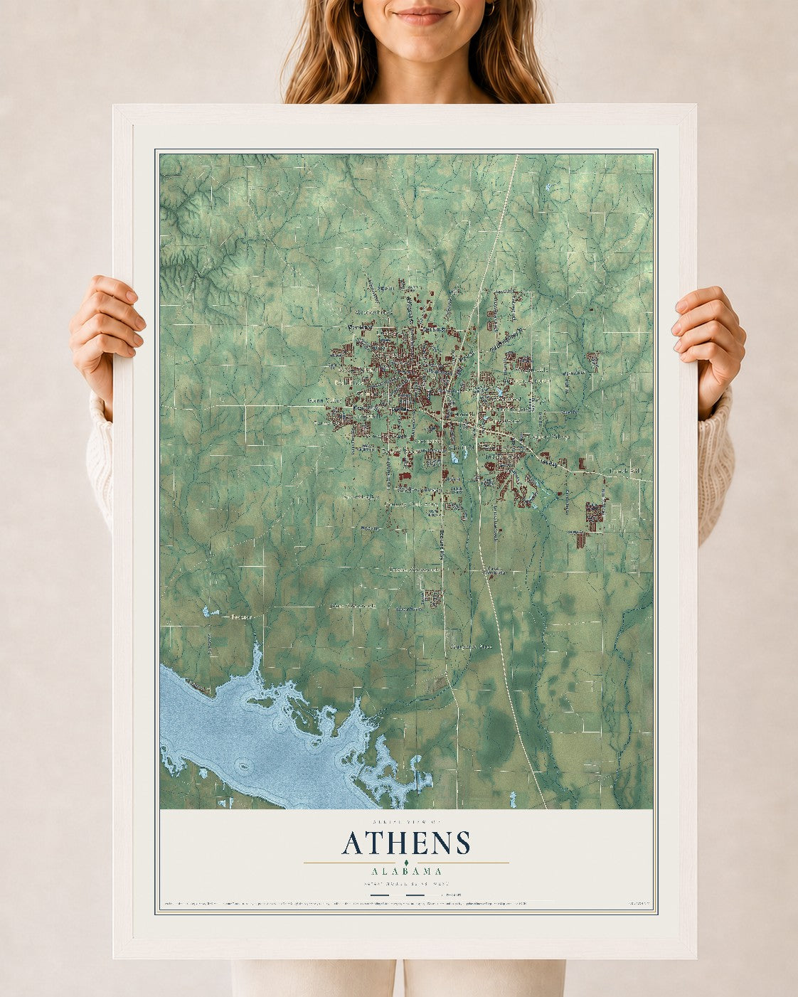 Map of Athens, Alabama, 24 x 36 inch print in a white wood frame