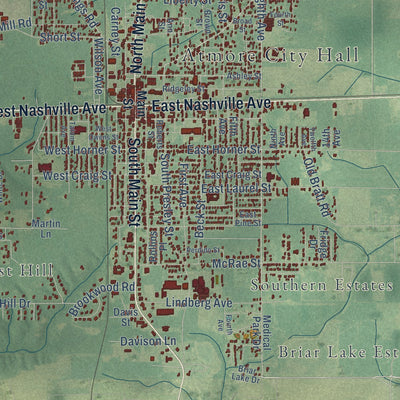Close-up of the map of Atmore, Alabama print showing street and building detail