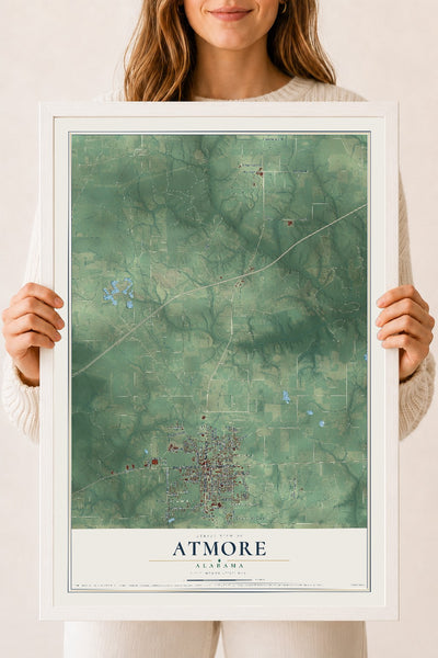 Map of Atmore, Alabama, 18 x 24 inch print in a white wood frame