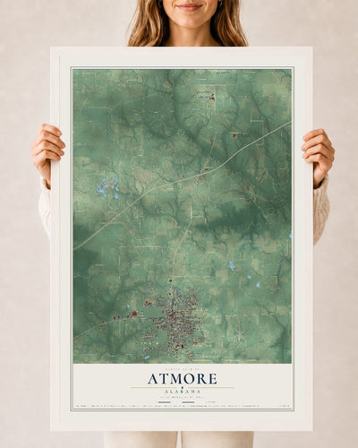 Map of Atmore, Alabama, 24 x 36 inch print in a white wood frame