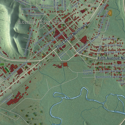 Second close-up of the map of Attalla, Alabama print showing more streets and buildings