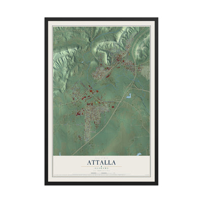 Map of Attalla, Alabama, 12 x 18 inch print in a black wood frame