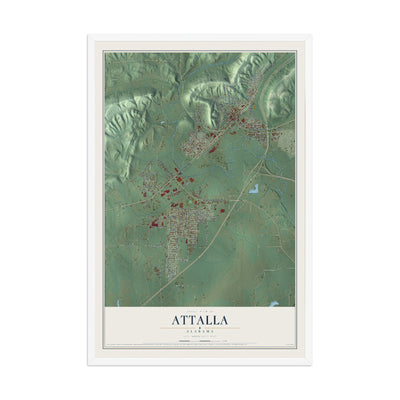 Map of Attalla, Alabama, 12 x 18 inch print in a white wood frame