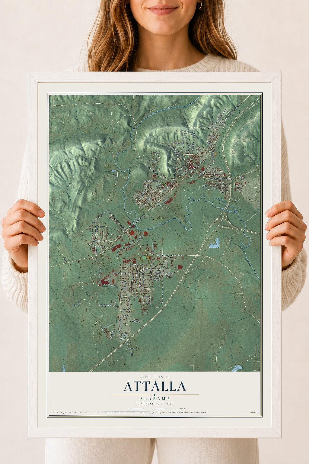 Map of Attalla, Alabama, 18 x 24 inch print in a white wood frame