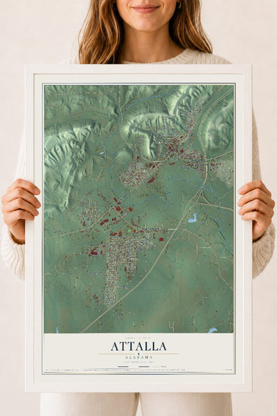 Map of Attalla, Alabama, 18 x 24 inch print in a white wood frame