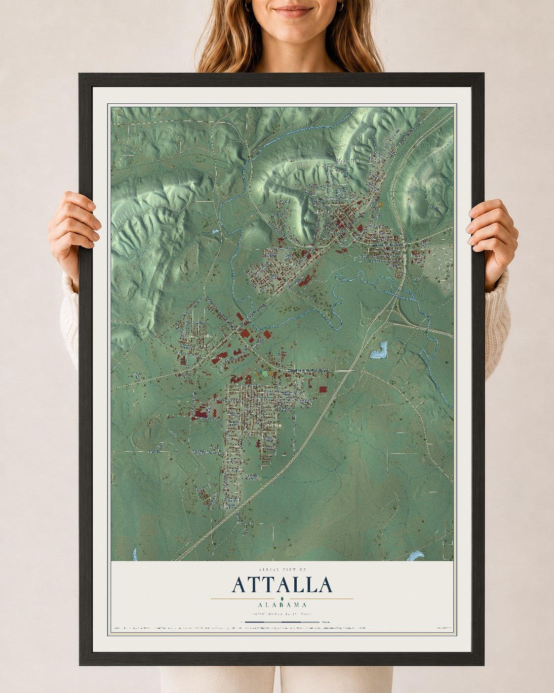 Map of Attalla, Alabama, 24 x 36 inch print in a black wood frame