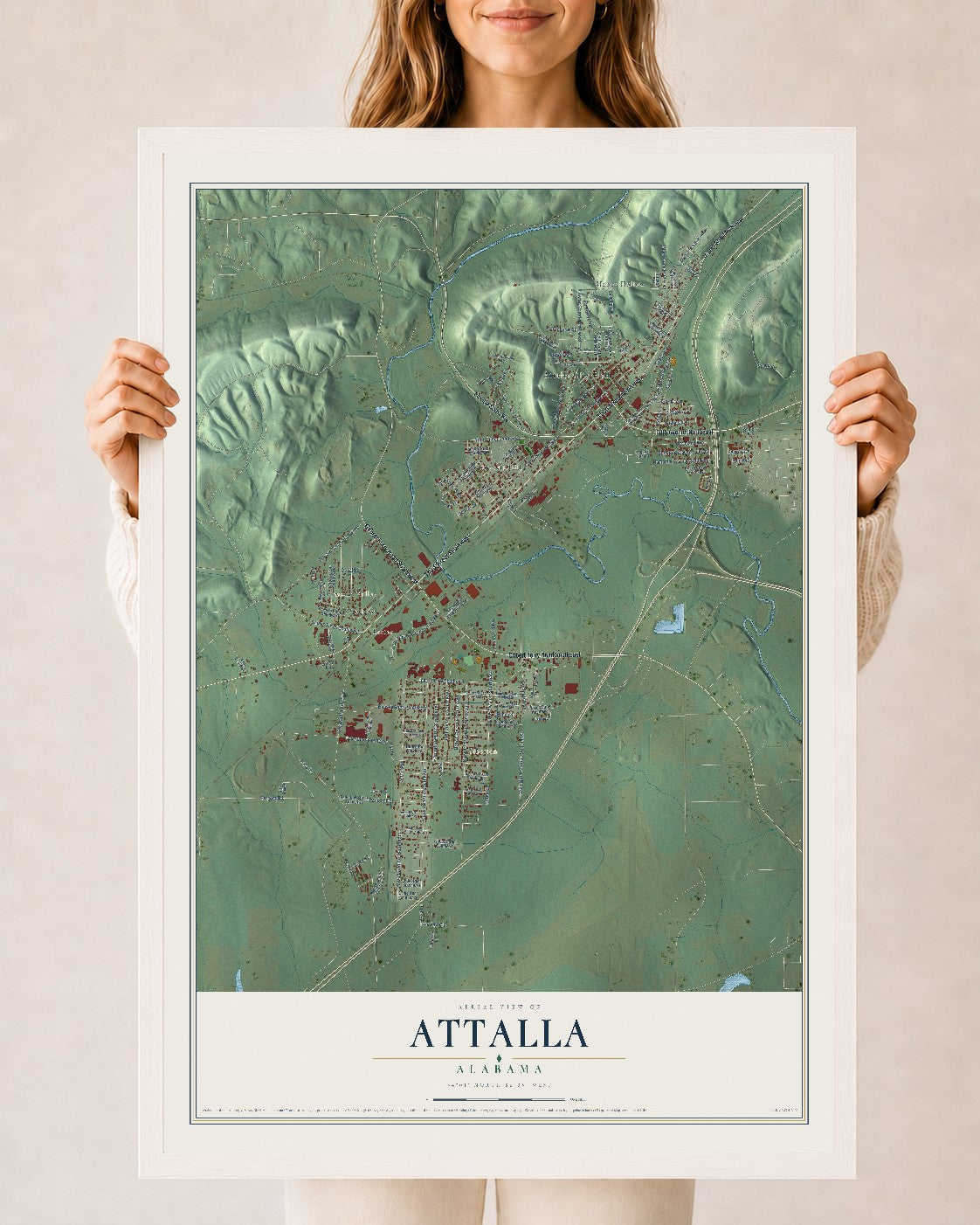 Map of Attalla, Alabama, 24 x 36 inch print in a white wood frame