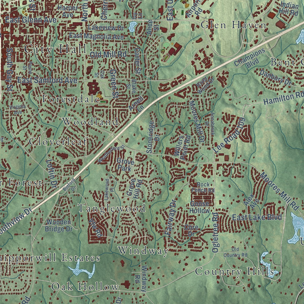 Close-up of the map of Auburn, Alabama print showing street and building detail