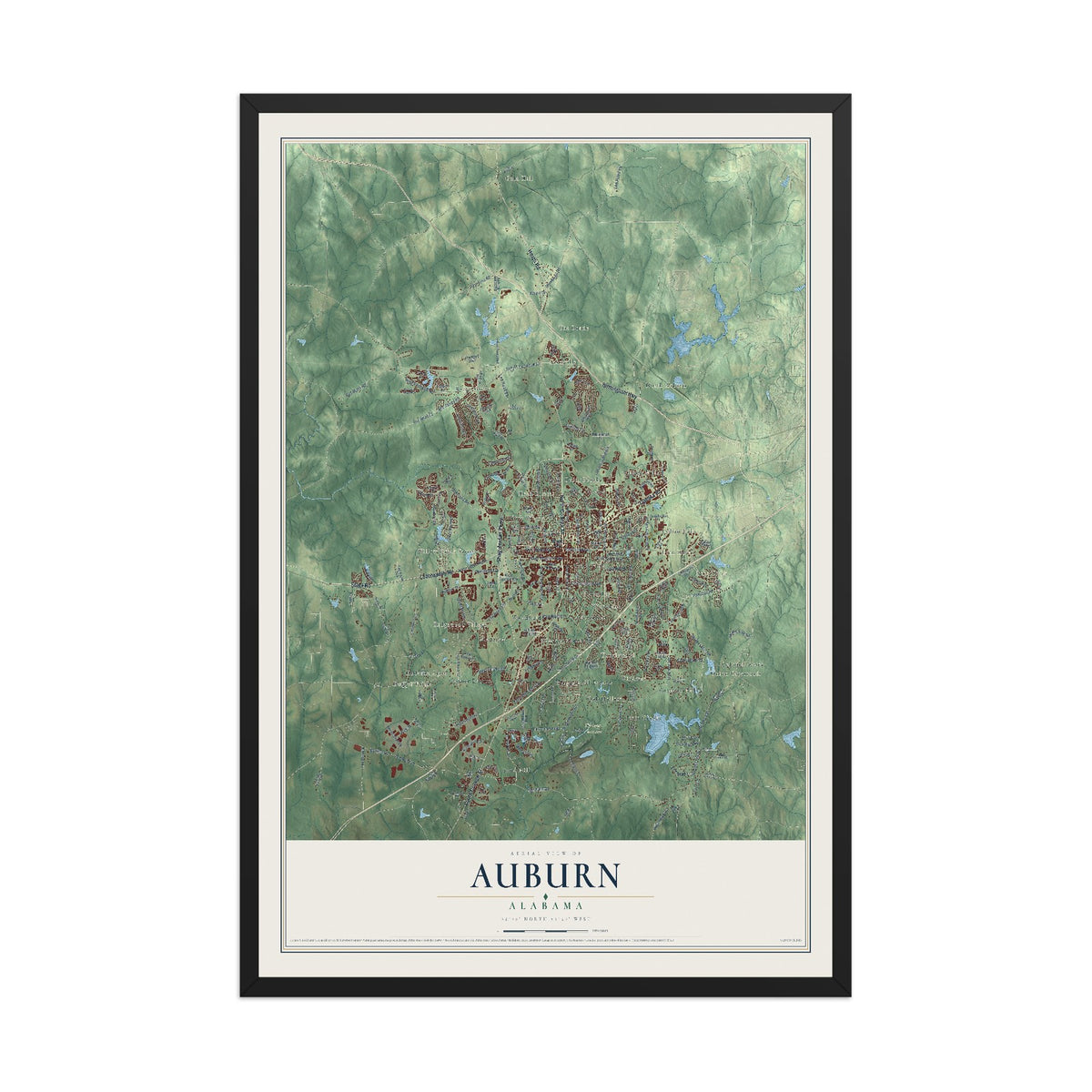 Map of Auburn, Alabama, 12 x 18 inch print in a black wood frame