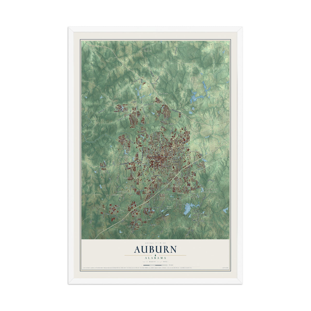 Map of Auburn, Alabama, 12 x 18 inch print in a white wood frame