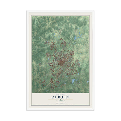 Map of Auburn, Alabama, 12 x 18 inch print in a white wood frame
