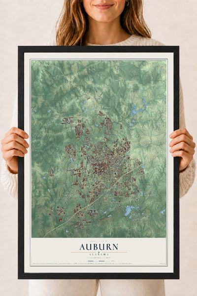 Map of Auburn, Alabama, 18 x 24 inch print in a black wood frame