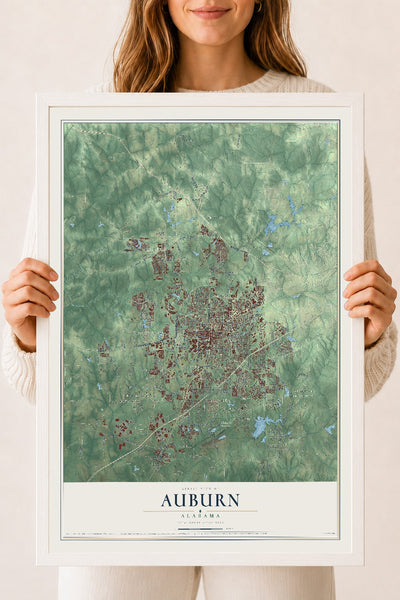 Map of Auburn, Alabama, 18 x 24 inch print in a white wood frame