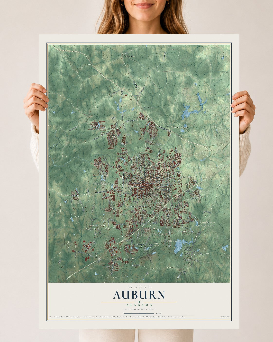 Map of Auburn, Alabama, 24 x 36 inch unframed archival matte print