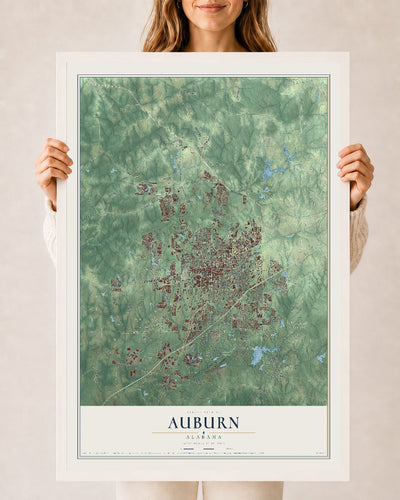 Map of Auburn, Alabama, 24 x 36 inch print in a white wood frame