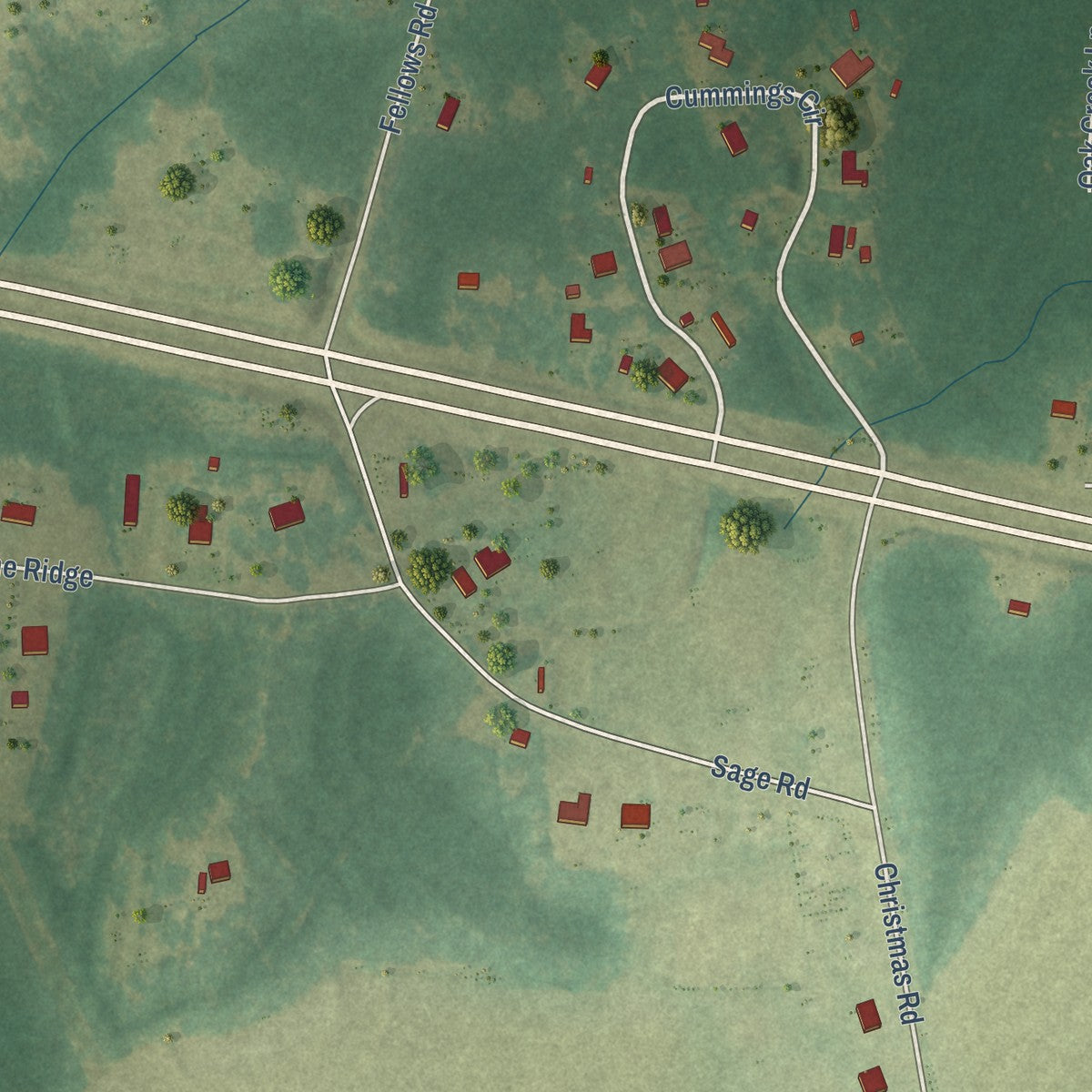 Close-up of the map of Avon, Alabama print showing street and building detail