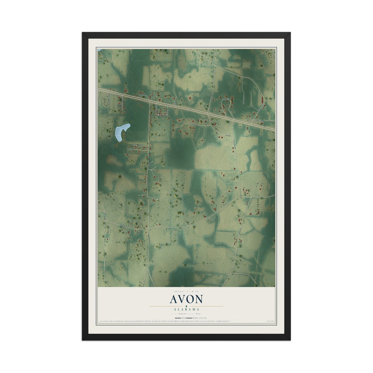 Map of Avon, Alabama, 12 x 18 inch print in a black wood frame