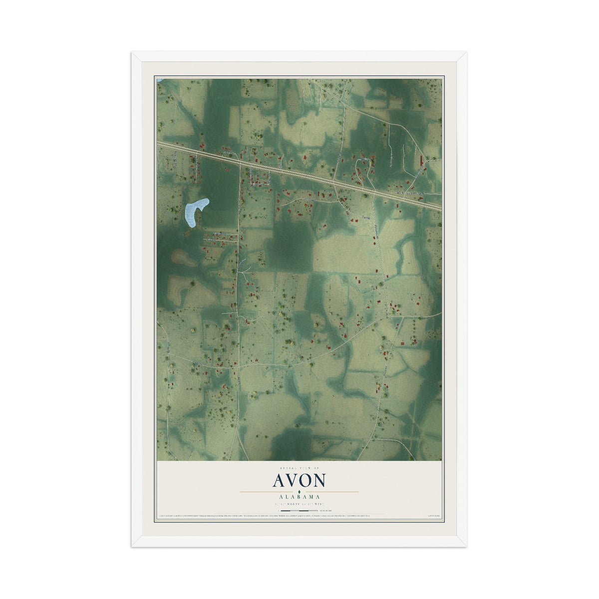 Map of Avon, Alabama, 12 x 18 inch print in a white wood frame