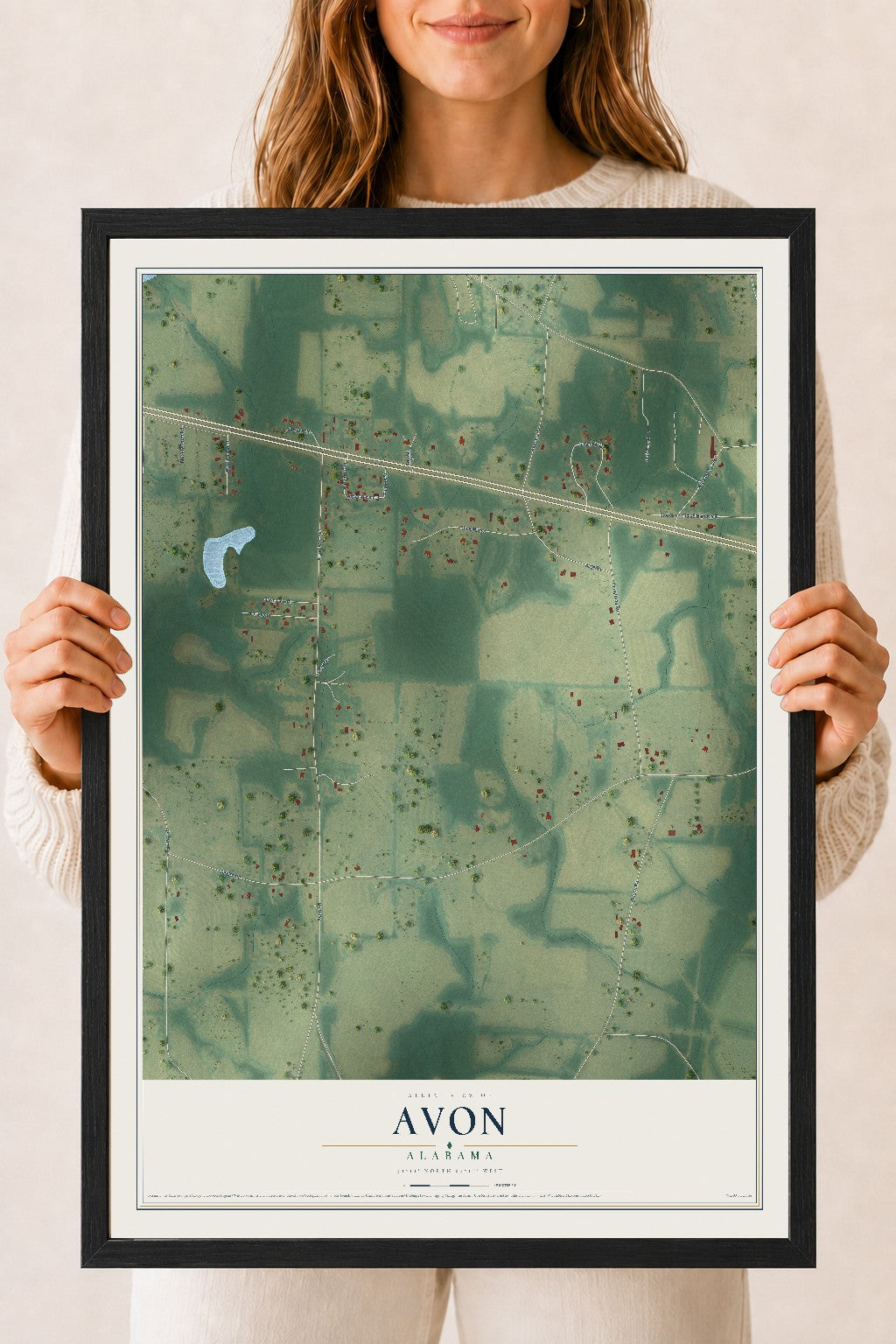 Map of Avon, Alabama, 18 x 24 inch print in a black wood frame