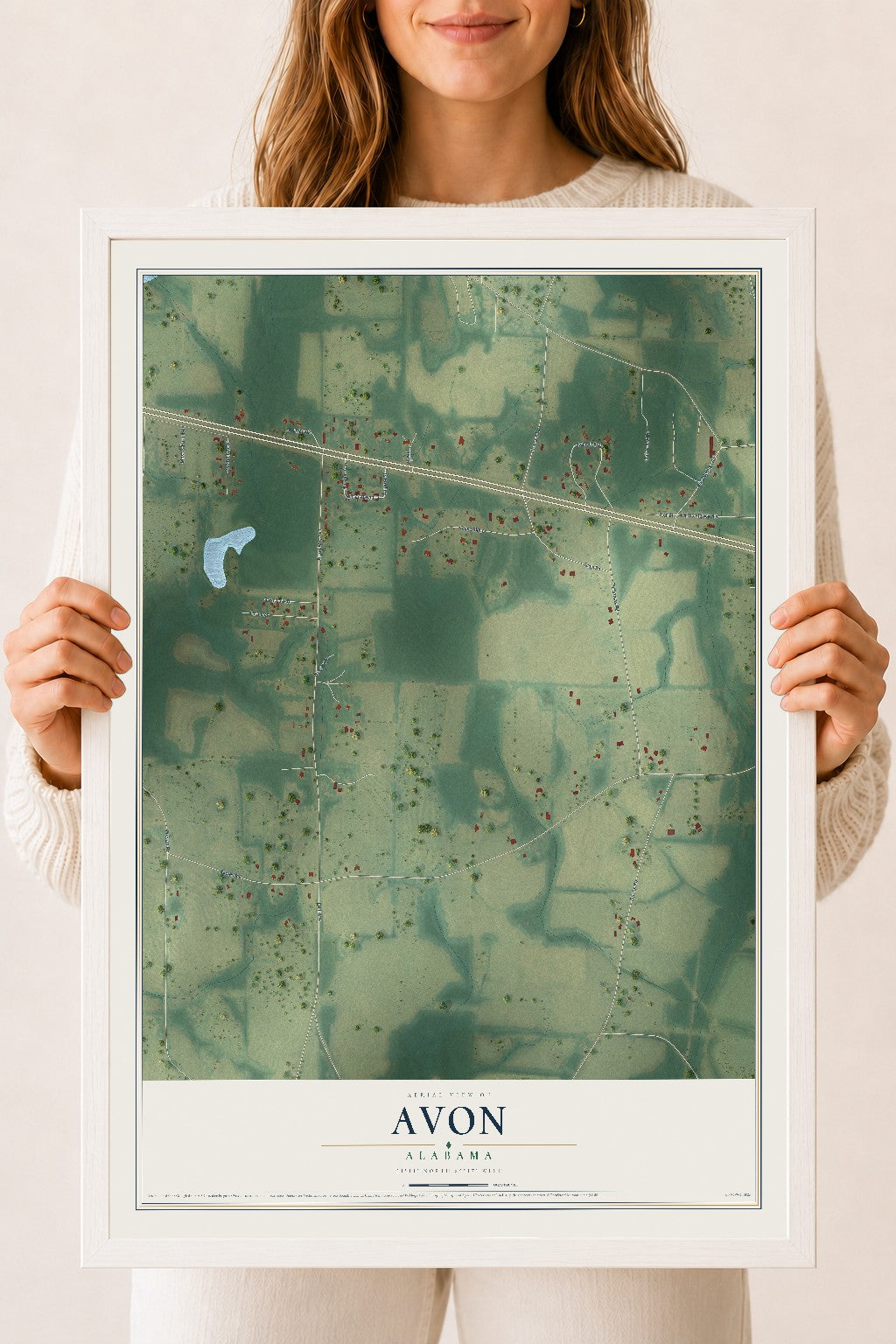Map of Avon, Alabama, 18 x 24 inch print in a white wood frame