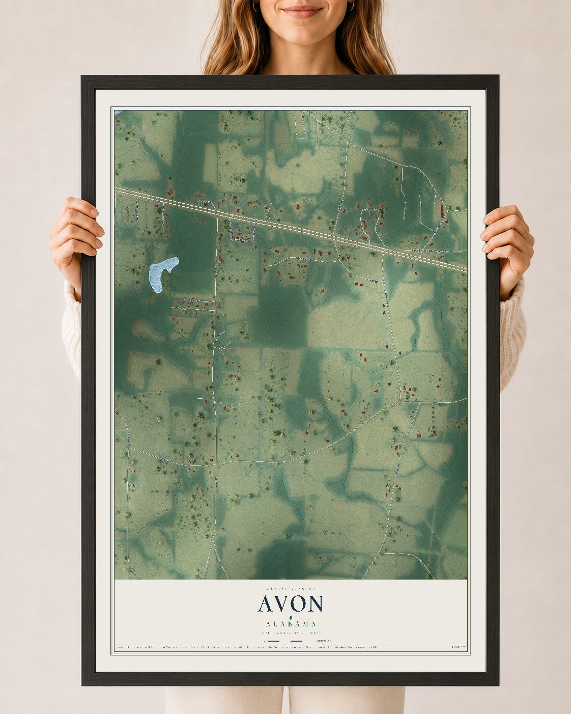 Map of Avon, Alabama, 24 x 36 inch print in a black wood frame