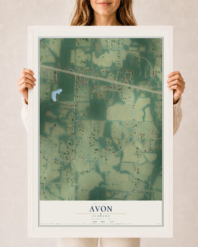Map of Avon, Alabama, 24 x 36 inch print in a white wood frame