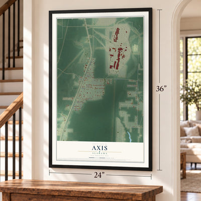 Axis, Alabama map, 24 x 36 inch print in a black frame by a staircase