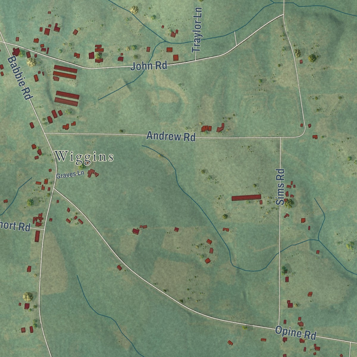 Second close-up of the map of Babbie, Alabama print showing more streets and buildings