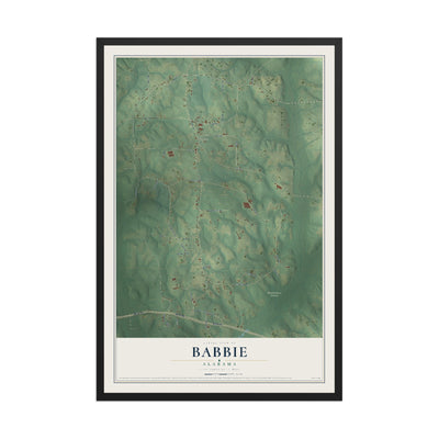 Map of Babbie, Alabama, 12 x 18 inch print in a black wood frame