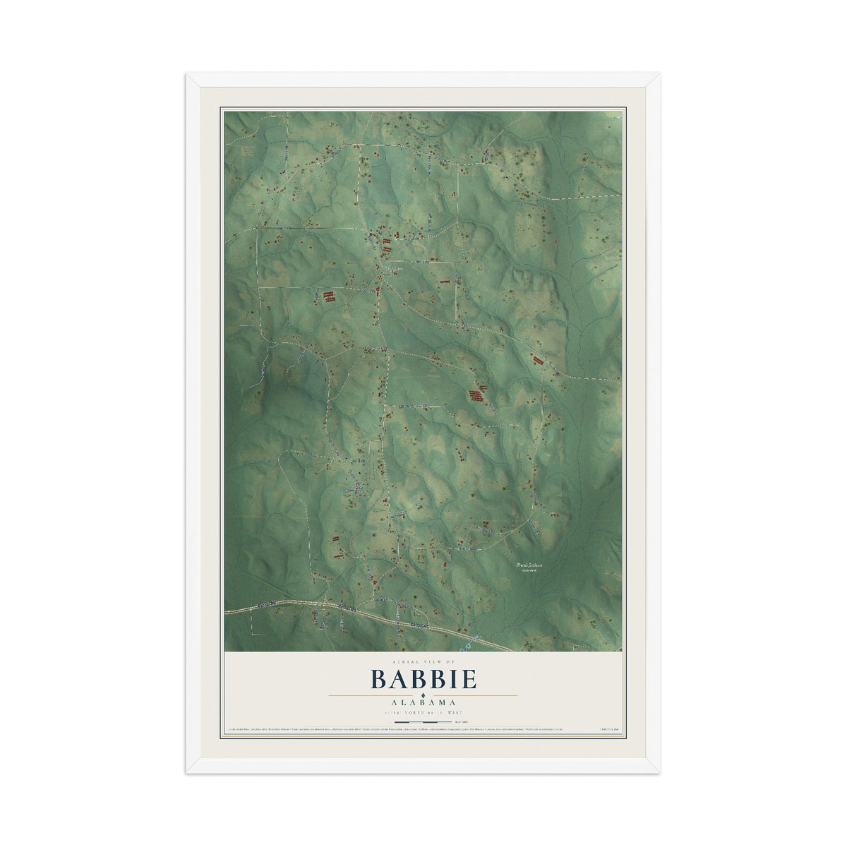 Map of Babbie, Alabama, 12 x 18 inch print in a white wood frame
