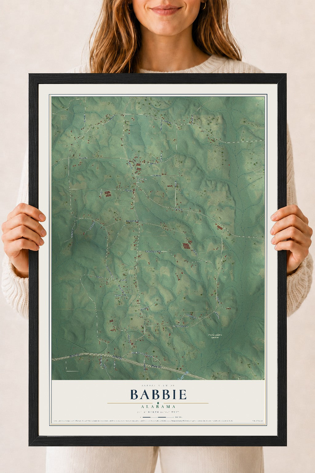 Map of Babbie, Alabama, 18 x 24 inch print in a black wood frame