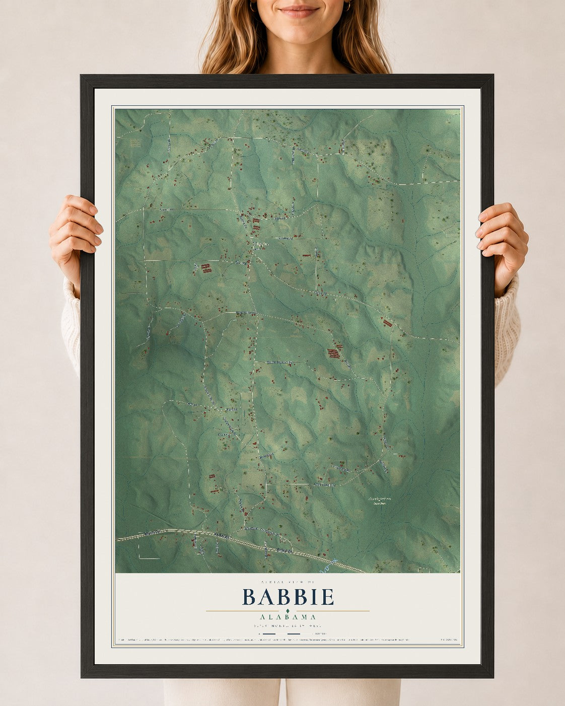 Map of Babbie, Alabama, 24 x 36 inch print in a black wood frame