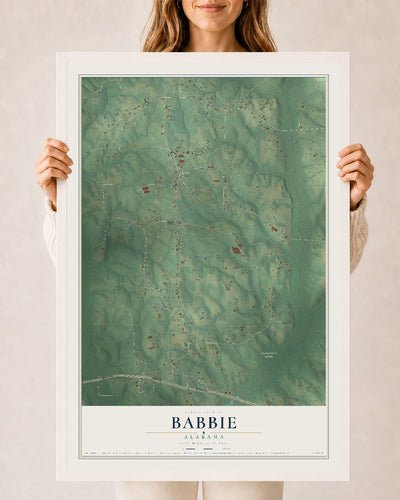 Map of Babbie, Alabama, 24 x 36 inch print in a white wood frame