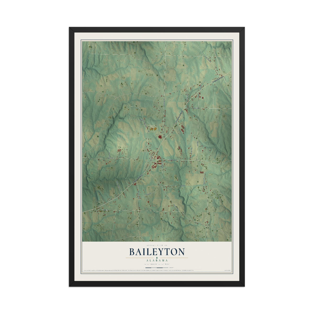 Map of Baileyton, Alabama, 12 x 18 inch print in a black wood frame
