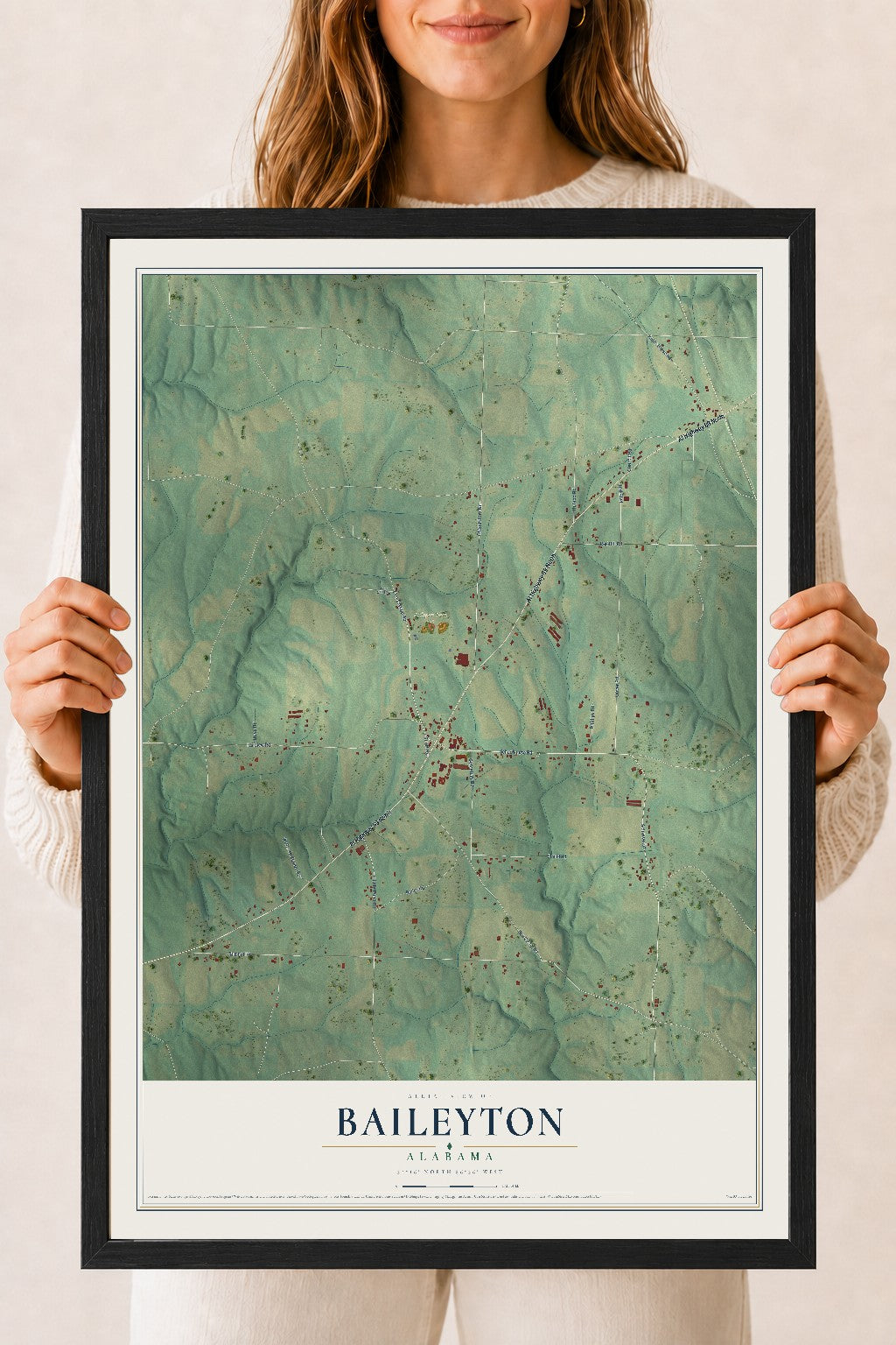 Map of Baileyton, Alabama, 18 x 24 inch print in a black wood frame