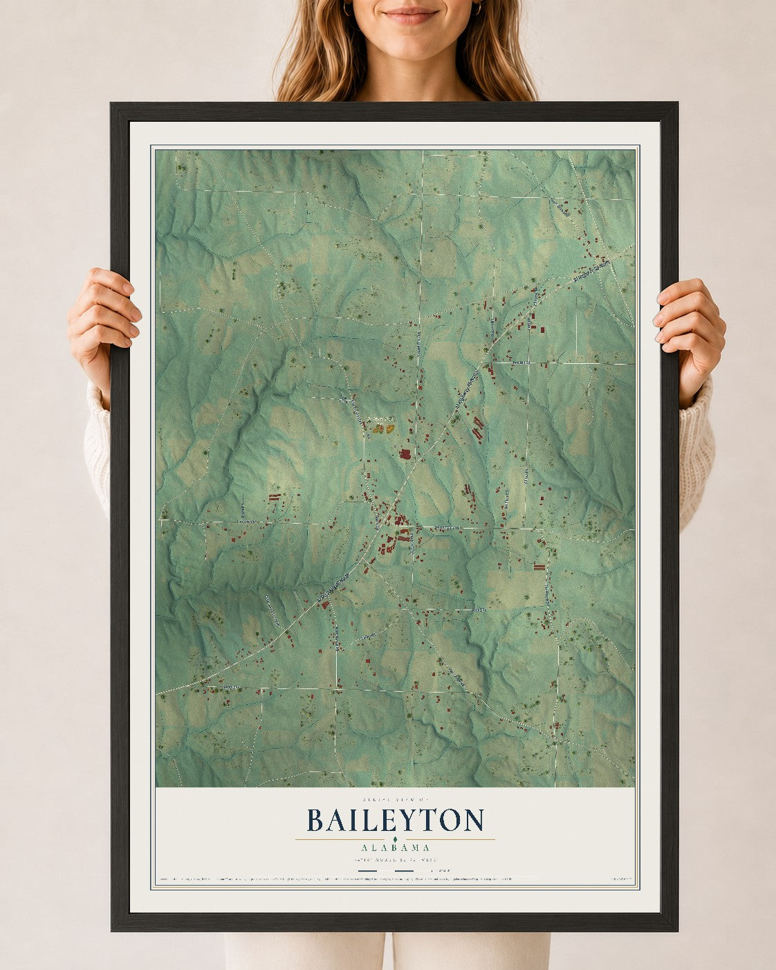 Map of Baileyton, Alabama, 24 x 36 inch print in a black wood frame