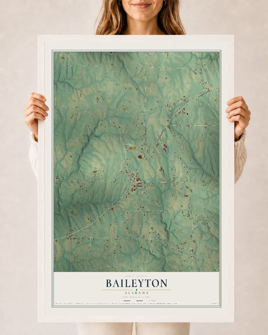 Map of Baileyton, Alabama, 24 x 36 inch print in a white wood frame