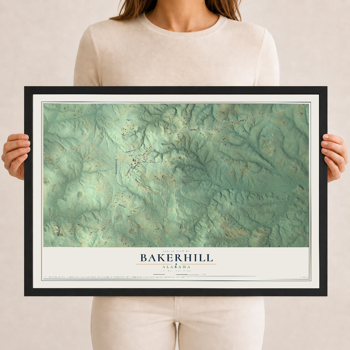 Map of Bakerhill, Alabama, 12 x 18 inch print in a black wood frame