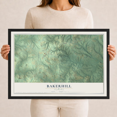 Map of Bakerhill, Alabama, 12 x 18 inch print in a black wood frame