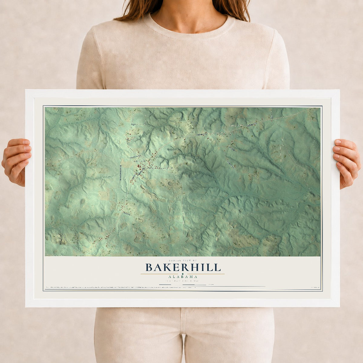 Map of Bakerhill, Alabama, 12 x 18 inch print in a white wood frame