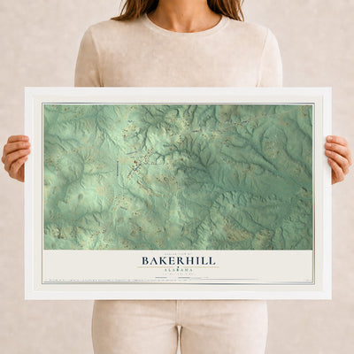 Map of Bakerhill, Alabama, 12 x 18 inch print in a white wood frame