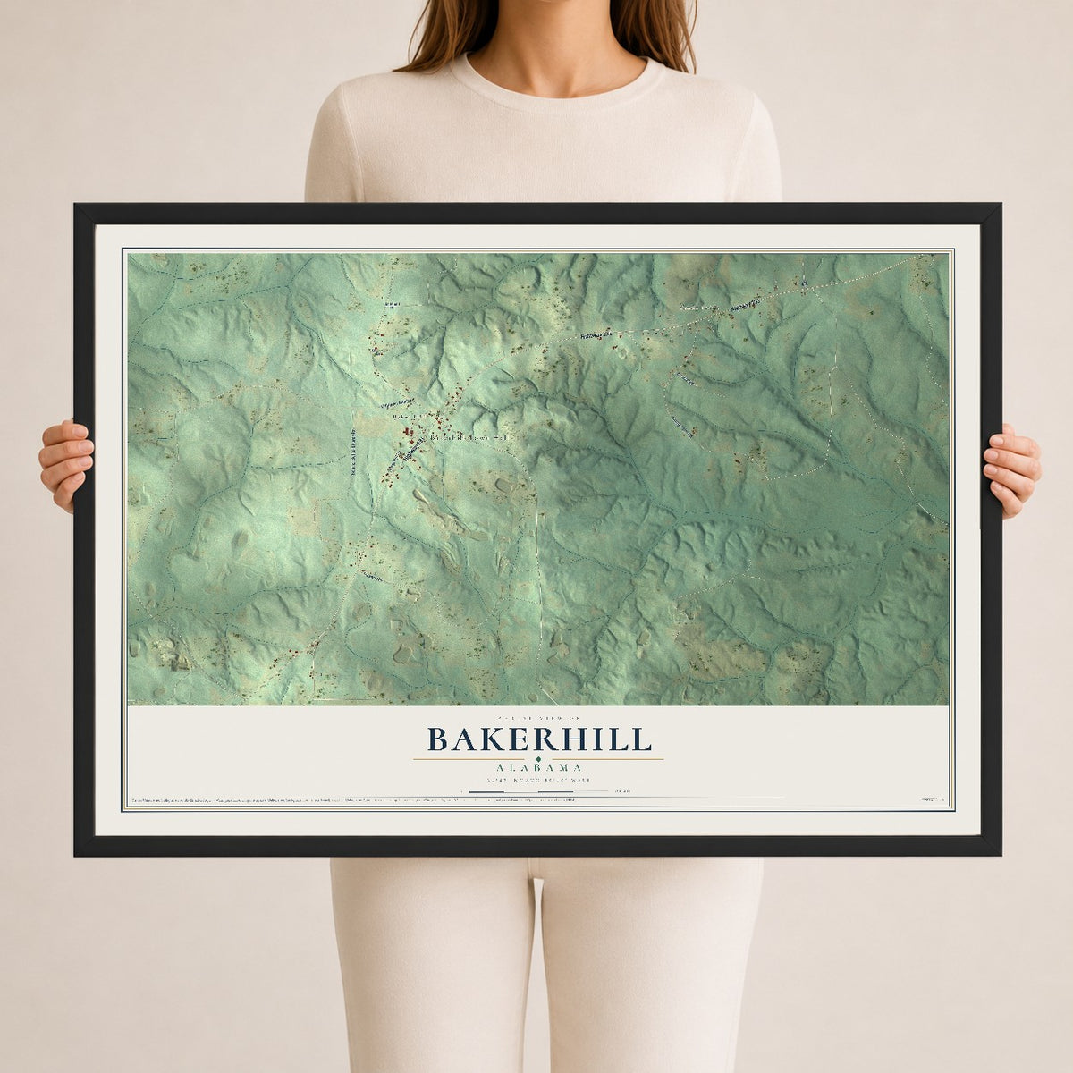 Map of Bakerhill, Alabama, 24 x 36 inch print in a black wood frame