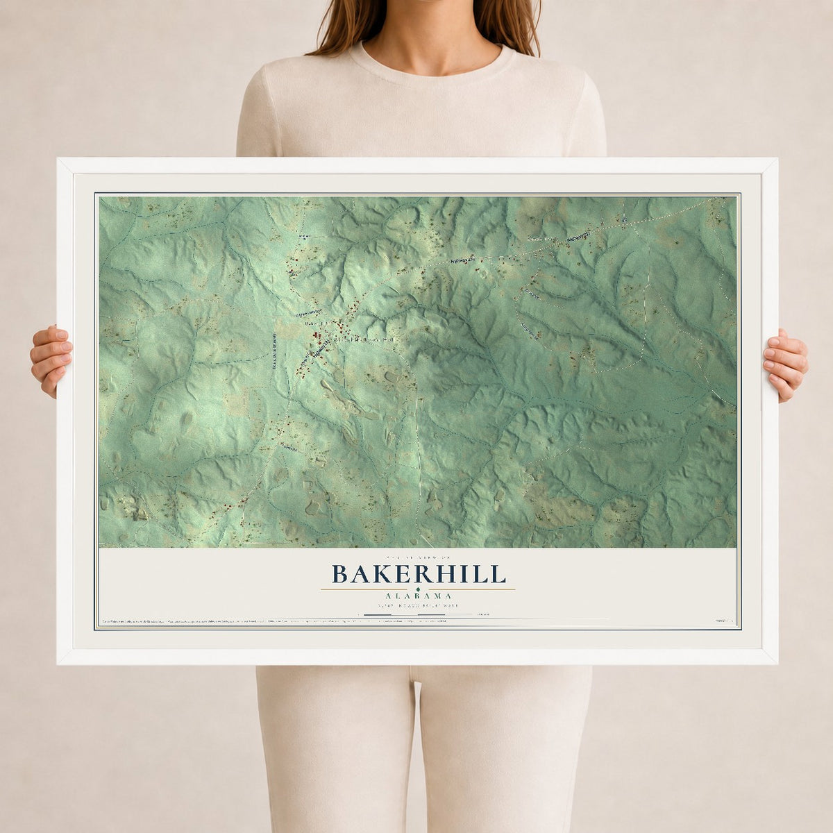Map of Bakerhill, Alabama, 24 x 36 inch print in a white wood frame