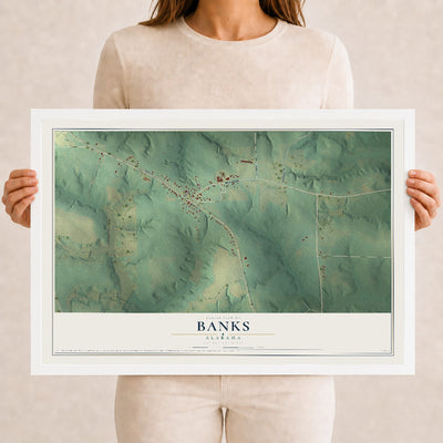 Map of Banks, Alabama, 12 x 18 inch print in a white wood frame