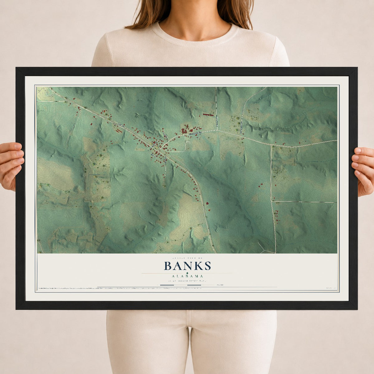 Map of Banks, Alabama, 18 x 24 inch print in a black wood frame